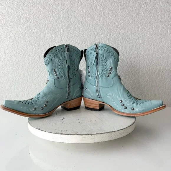 Lane COSSETTE Womens Cowboy Booties 6.5 Western Blue Leather Cowgirl Short Boots - Picture 9 of 13